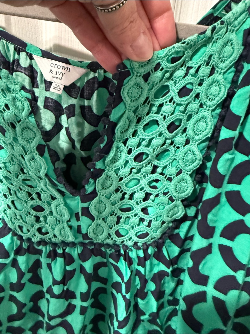 Candie's Green Patterned Crochet-Trim Peasant Top - Picture 6 of 8